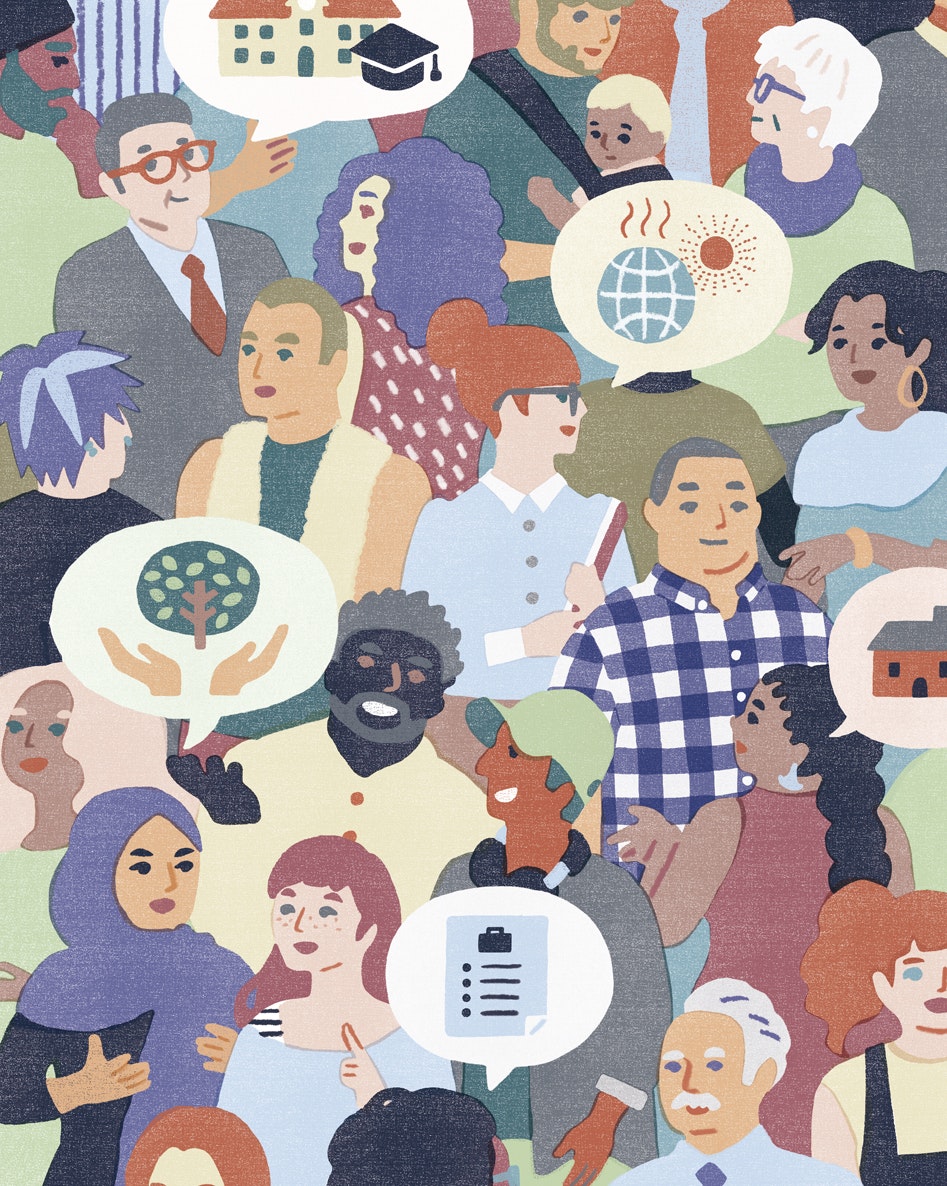 A diverse group of people in a discussion.